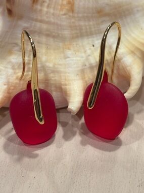 Red Sea Glass Drop Earrings on Gold French Hooks